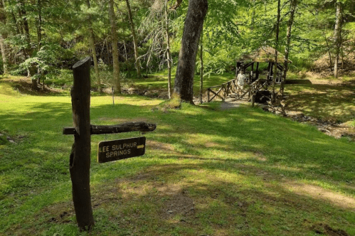 A wooden sign for Lee Sulphur Springs in a lush green forest with a bridge and cabin in the background.