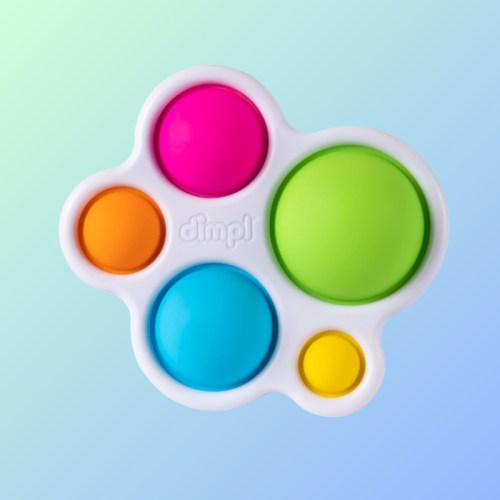 Colorful silicone pop fidget toy with four bubbles in pink, green, blue, orange, and yellow on a gradient background.