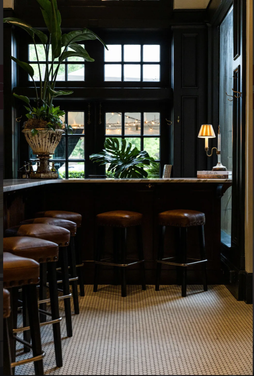 Cozy bar area with leather stools, a potted plant, and large windows letting in natural light.