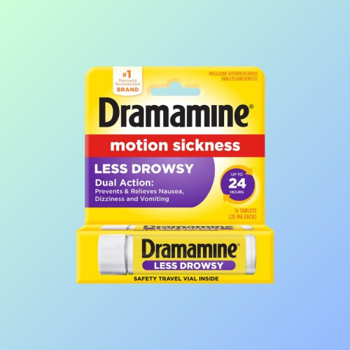 Dramamine Less Drowsy motion sickness medication package, featuring 16 tablets for nausea and vomiting relief.