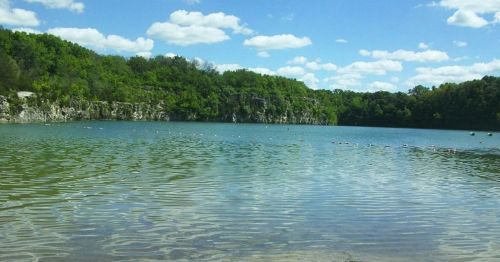 A serene lake surrounded by lush green trees and rocky cliffs under a bright blue sky with fluffy white clouds.
