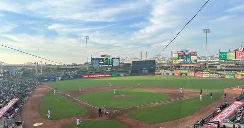 A panoramic view of a baseball field with players on the field, fans in the stands, and a scenic skyline in the background.