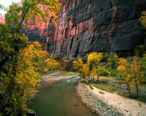A serene river flows through a canyon, surrounded by vibrant autumn trees and towering red rock cliffs.