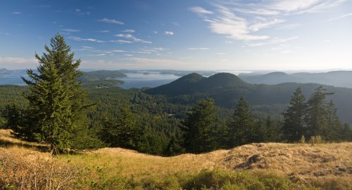 A panoramic view of lush green hills and a serene body of water under a clear blue sky with scattered clouds.