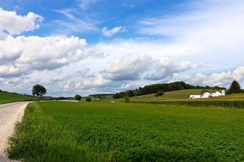 Rolling green Amish country fields and hills in Millersburg, Ohio against a blue, cloud-filled sky.