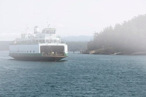 A ferry approaches a misty shoreline, surrounded by calm waters and trees in the background.