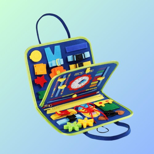 A colorful activity case filled with various shapes, buttons, and textures for sensory play and learning.