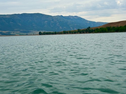 A serene lake with gentle waves, surrounded by mountains and trees under a cloudy sky.