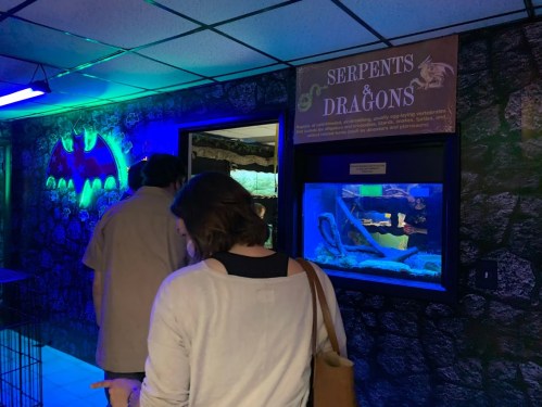 A dimly lit room with a "Serpents & Dragons" sign, featuring an aquarium and visitors observing the exhibits.