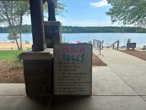 A sign listing beach rules stands under a pavilion, with a lake and sandy beach visible in the background.