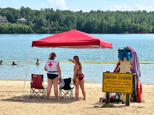 Two lifeguards under a red canopy at a beach, with a warning sign about no lifeguard on duty and swimmers in the background.