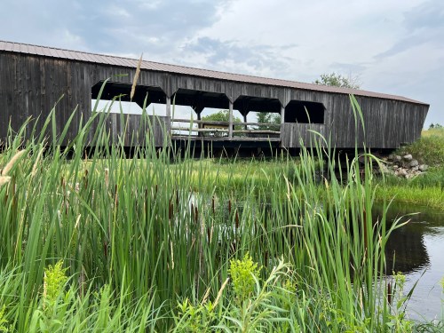 A wooden covered bridge stands over a calm waterway, surrounded by tall grasses and a cloudy sky.