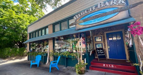 A charming storefront of Birch Bark Books, featuring blue chairs, plants, and a welcoming entrance.