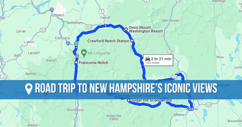 Map highlighting a scenic road trip route to iconic views in New Hampshire, including key stops and travel time.