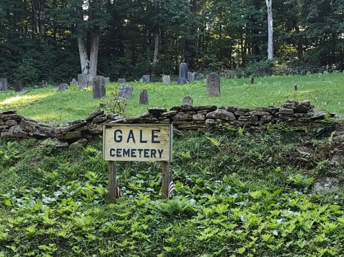 Sign for Gale Cemetery in a grassy area surrounded by trees and old gravestones.