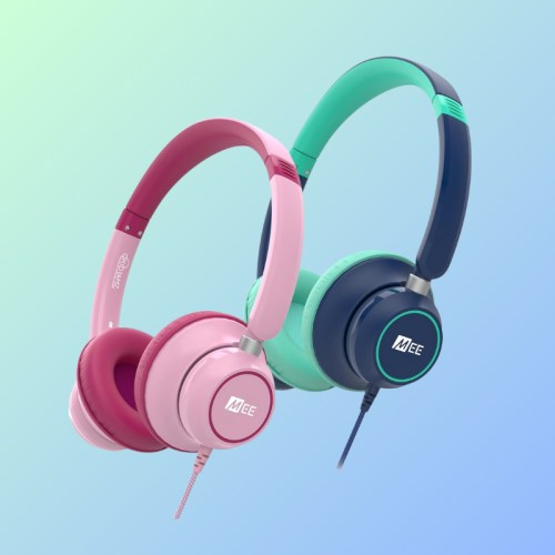 Two pairs of colorful headphones, one pink and one teal, against a soft gradient background.
