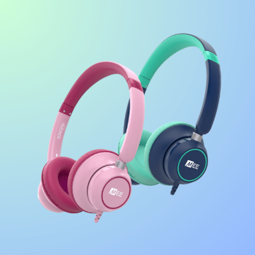Two pairs of colorful headphones, one pink and one teal, against a soft gradient background.