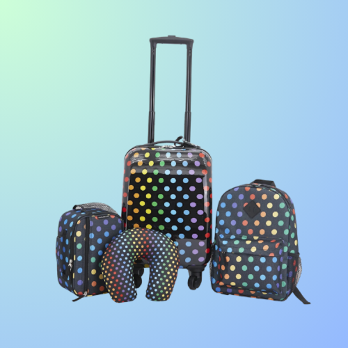 A colorful polka dot luggage set featuring a suitcase, backpack, small bag, and travel neck pillow on a gradient background.