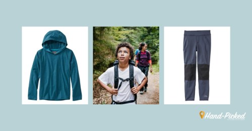 A teal hoodie, a child hiking with a backpack, and navy leggings displayed on a nature background.