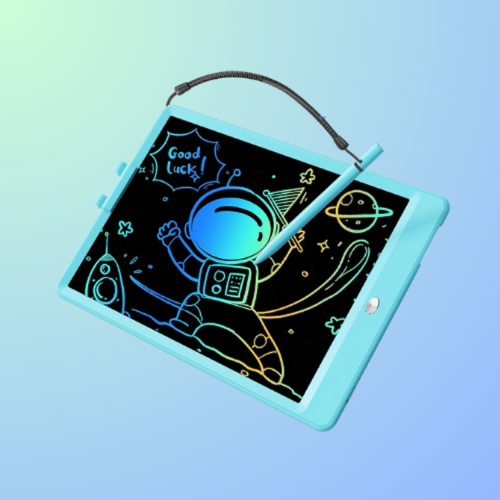 A glowing drawing tablet with an astronaut illustration and the text "Good Luck!" on a gradient background.