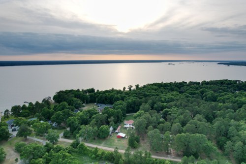 Aerial view from over I-95 and Lake Marion at sunset. Marion, South Carolina