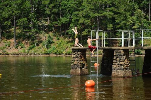 Two children play at a lakeside dock, one jumping into the water while the other climbs the ladder. Green trees surround the scene.