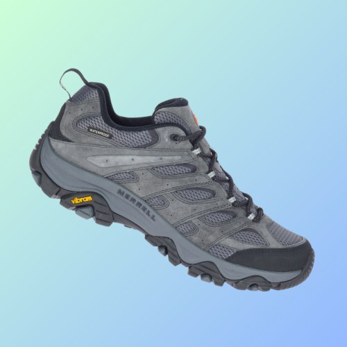Gray hiking shoe with a rugged sole, featuring a Vibram logo, set against a gradient background.