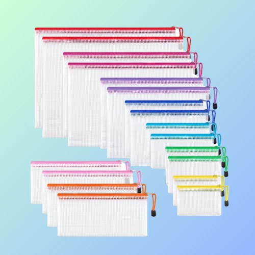 A collection of colorful mesh zipper bags arranged in a gradient on a light blue background.