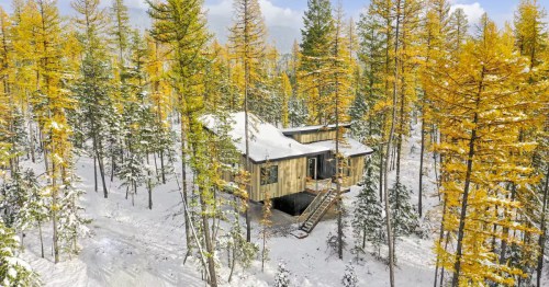 A large treehouse Airbnb near Columbia Falls, Montana, is surrounded by tall trees boasting fall foliage and snow on the ground.