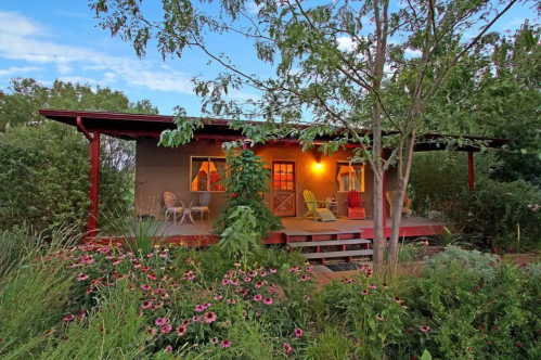 A cozy house with a porch surrounded by lush greenery and colorful flowers, illuminated by warm evening light.