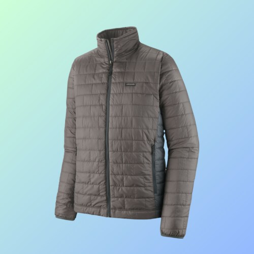 A gray puffer jacket with a high collar, displayed against a gradient blue-green background.