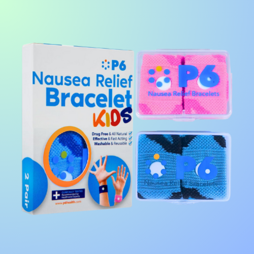 Two P6 Nausea Relief Bracelets for kids in a box, featuring a colorful design and labeled as drug-free and reusable.