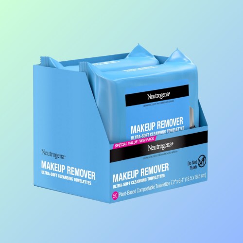 A pack of Neutrogena ultra-soft makeup remover cleansing towelettes in a blue box, containing 60 wipes.