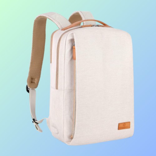 A light beige backpack with a leather accent and padded straps, set against a gradient blue background.