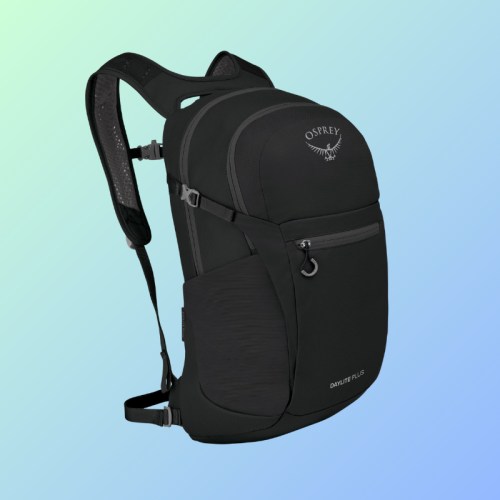 A sleek black Osprey backpack with a curved design, featuring a logo and adjustable straps, set against a gradient background.