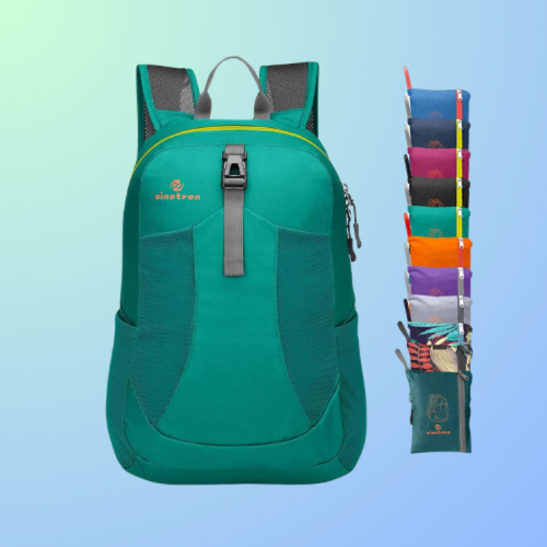 A teal backpack with a zipper and mesh pockets, alongside a variety of colorful pouches in the background.