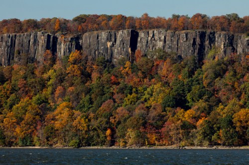 View of towering granite rocks in fall