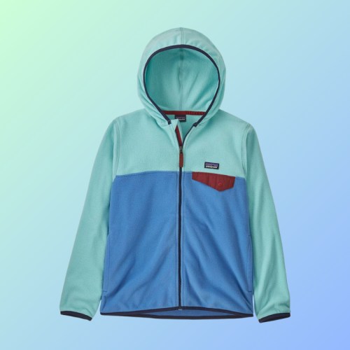 A teal and light blue zip-up hoodie with a hood and a small chest pocket, set against a gradient background.