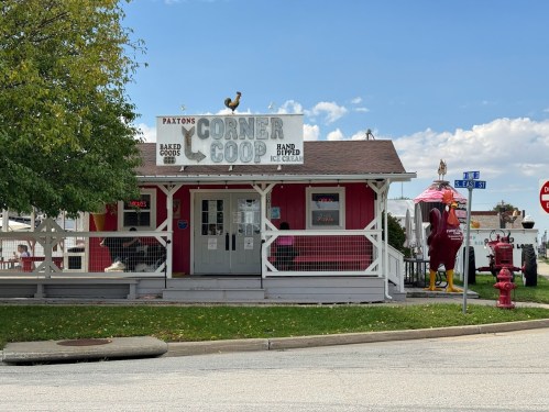A quaint shop named "Paxton's Corner Coop" with baked goods and ice cream, featuring a rooster sign and colorful decor.