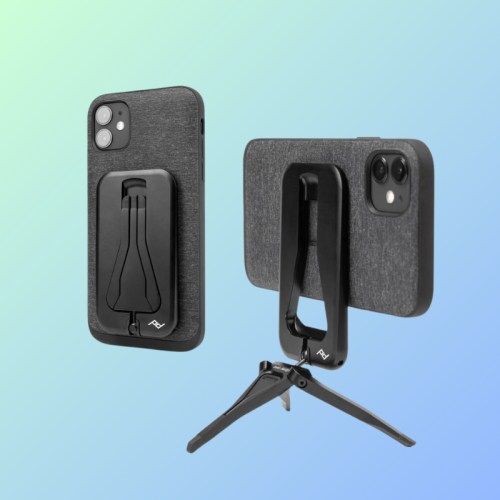 A phone case with a built-in stand, featuring a sleek design and a textured surface, displayed against a gradient background.