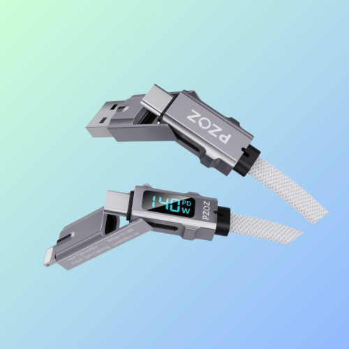 A sleek gray USB-C cable with a digital display showing 140W PD, set against a gradient background.