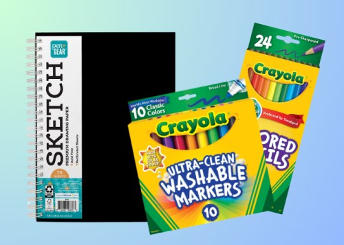 A sketchbook alongside packs of Crayola washable markers and colored pencils on a gradient background.