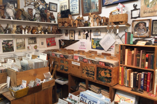 A cozy vintage shop filled with books, framed art, and various collectibles on shelves and tables.