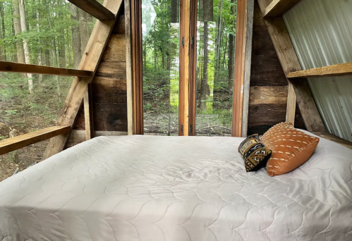 Cozy interior of a cabin with a bed and large windows overlooking a forested area.