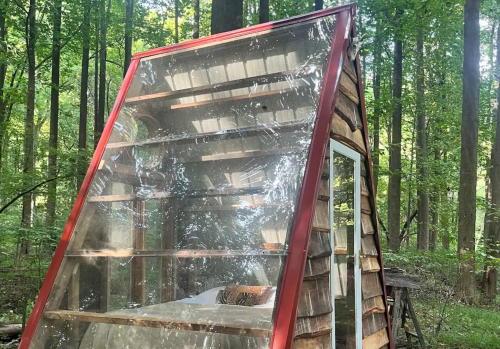 A small, modern A-frame cabin with a transparent front, surrounded by lush green trees in a forest.