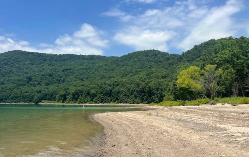 A serene lakeside view with a sandy shore, lush green hills, and a clear blue sky dotted with clouds.