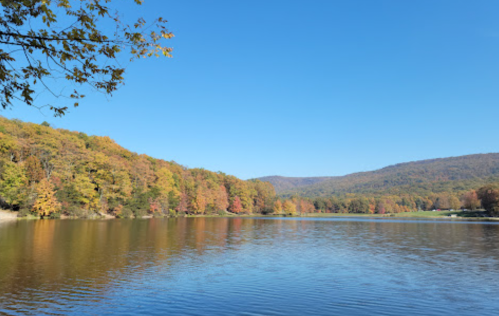 A serene lake surrounded by colorful autumn trees under a clear blue sky.
