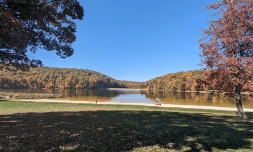A serene lake surrounded by autumn foliage under a clear blue sky, with a sandy shore and a person walking nearby.