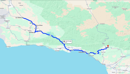 Map showing a route from Los Altos to Ojai, California, with a travel time of 1 hour and 15 minutes.