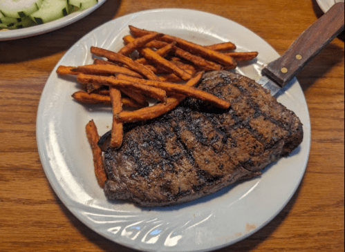 A grilled steak on a plate with crispy sweet potato fries beside it.